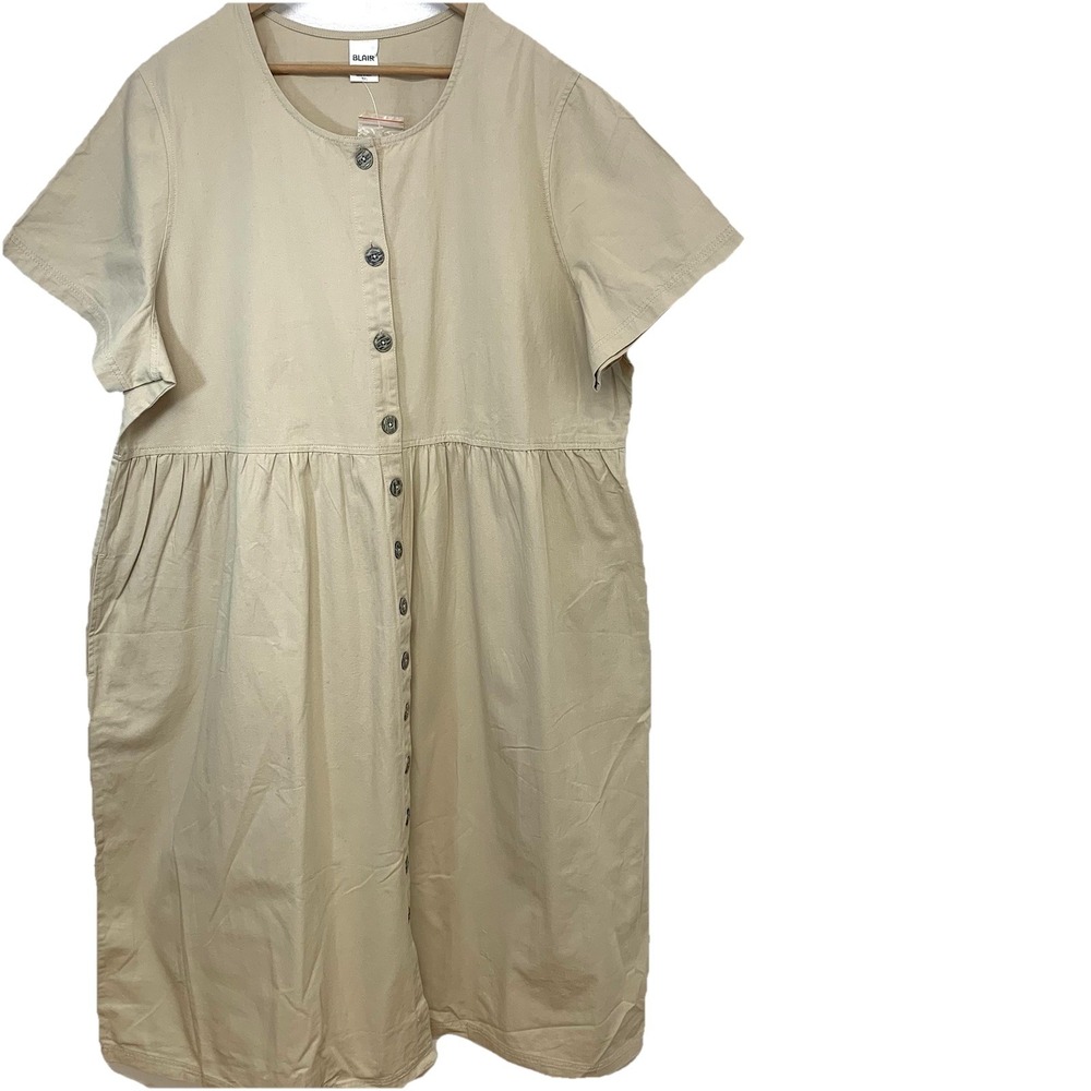 Blair Button Front Midi Dress 3X Pockets Neutral 100% Cotton Cottagecore New